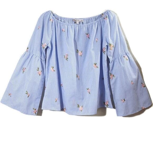 𝅺Gypsies & Moondust Blue & White Stripe Floral Embroidered Bell Sleeve  Top - Picture 1 of 8